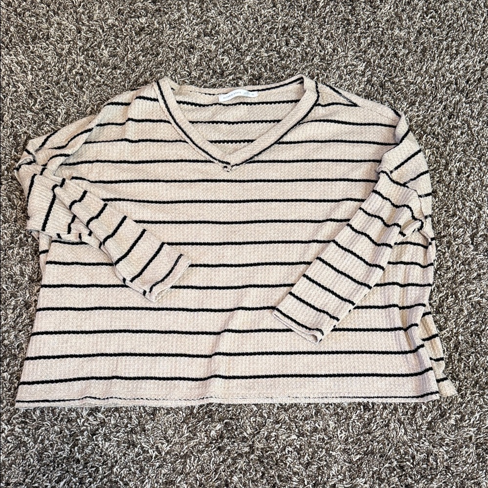Altar'd State Cream V-Neck Sweater with Black Stripes